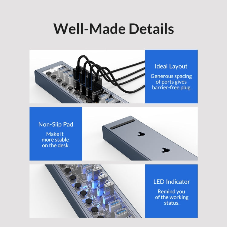 ORICO AT2U3-10AB-GY-BP 10 Ports USB 3.0 HUB with Individual Switches & Blue LED Indicator, EU Plug My Store