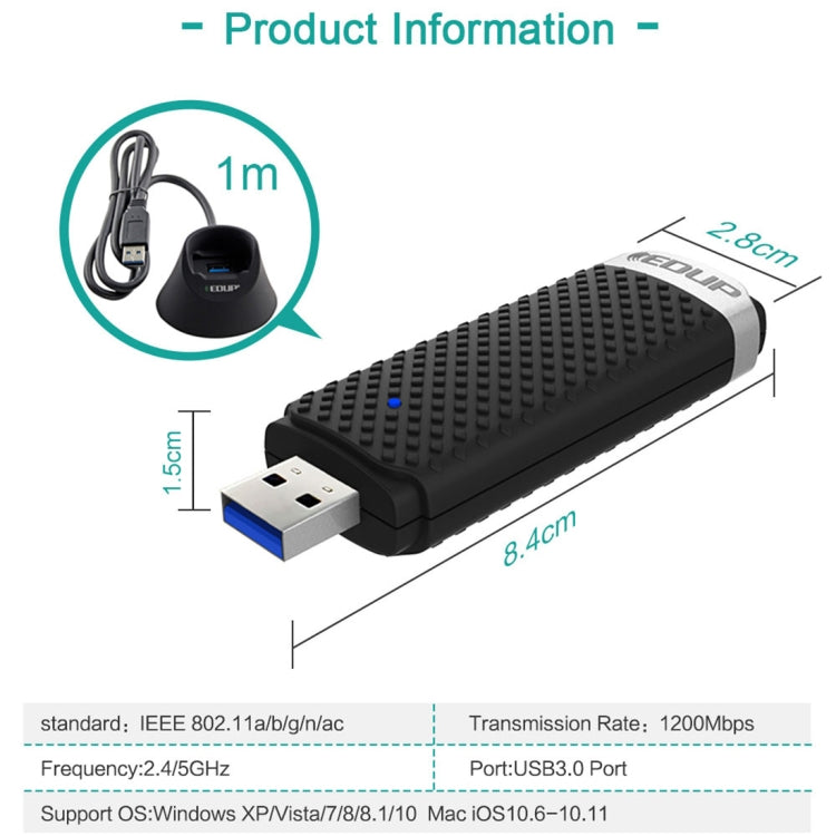 EDUP EP-AC1609 1200Mbps High Speed USB 3.0 WiFi Adapter Receiver Ethernet Adapter with 1m Extend Cable & Base