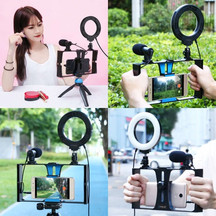 PULUZ 4 in 1 Vlogging Live Broadcast Smartphone Video Rig + 4.7 inch 12cm Ring LED Selfie Light Kits with Microphone + Tripod Mount + Cold Shoe Tripod Head for iPhone, Galaxy, Huawei, Xiaomi, HTC, LG, Google, and Other Smartphones