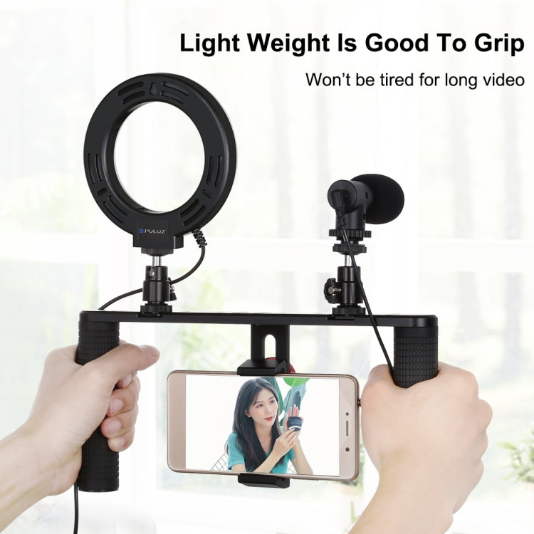 PULUZ 4 in 1 Vlogging Live Broadcast 4.7 inch 12cm Ring LED Selfie Light Smartphone Video Rig Handle Stabilizer Aluminum Bracket Kits with Microphone + Tripod Mount + Cold Shoe Tripod Head