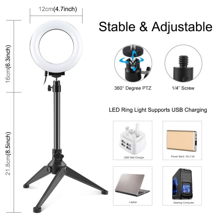 PULUZ 4.7 inch 12cm USB 3 Modes Dimmable LED Ring Vlogging Photography Video Lights + Desktop Tripod Holder with Cold Shoe Tripod Ball Head My Store