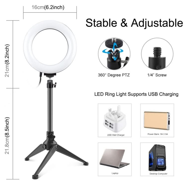 PULUZ 6.2 inch 16cm USB 3 Modes Dimmable LED Ring Vlogging Photography Video Lights + Desktop Tripod Holder with Cold Shoe Tripod Ball Head My Store