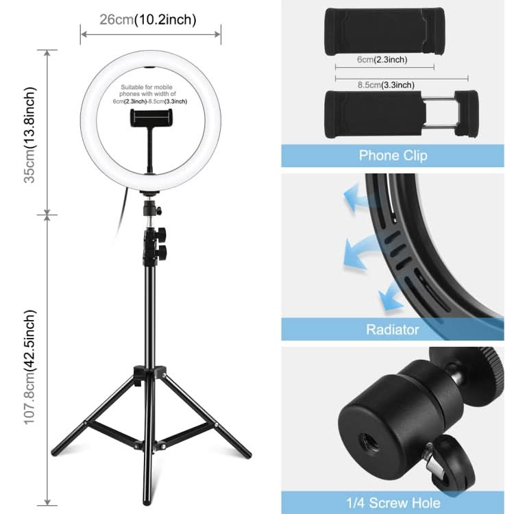 PULUZ 10.2 inch 26cm LED Ring Light  + 1.1m Tripod Mount Selfie Beauty Vlogging Video Light  Live Broadcast Kits My Store