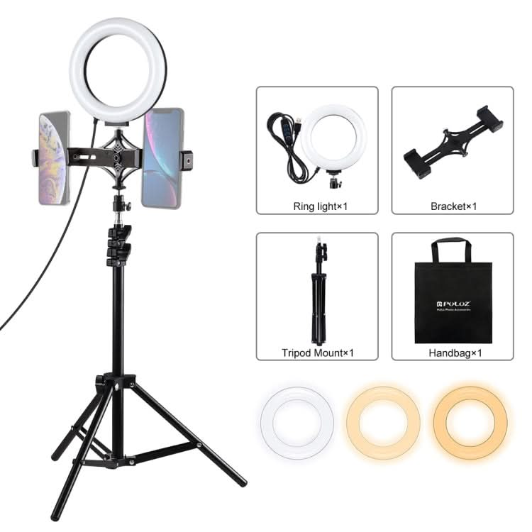 PULUZ 1.1m Tripod Mount + Live Broadcast Dual Phone Bracket + 6.2 inch 16cm LED Ring Vlogging Video Light Kits My Store