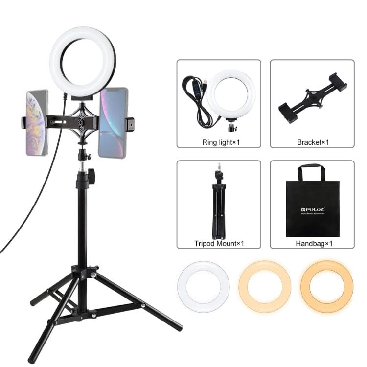 PULUZ 70cm Tripod Mount +  Live Broadcast Dual Phone Bracket + 6.2 inch 16cm LED Ring Vlogging Video Light Kits My Store