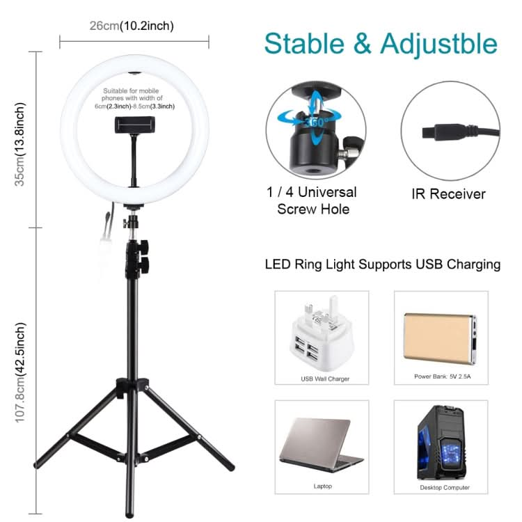 PULUZ 1.1m Tripod Mount + 10.2 inch 26cm RGBW LED Ring Vlogging Video Light  Live Broadcast Kits with Remote Control & Cold Shoe Tripod Ball Head & Phone Clamp My Store