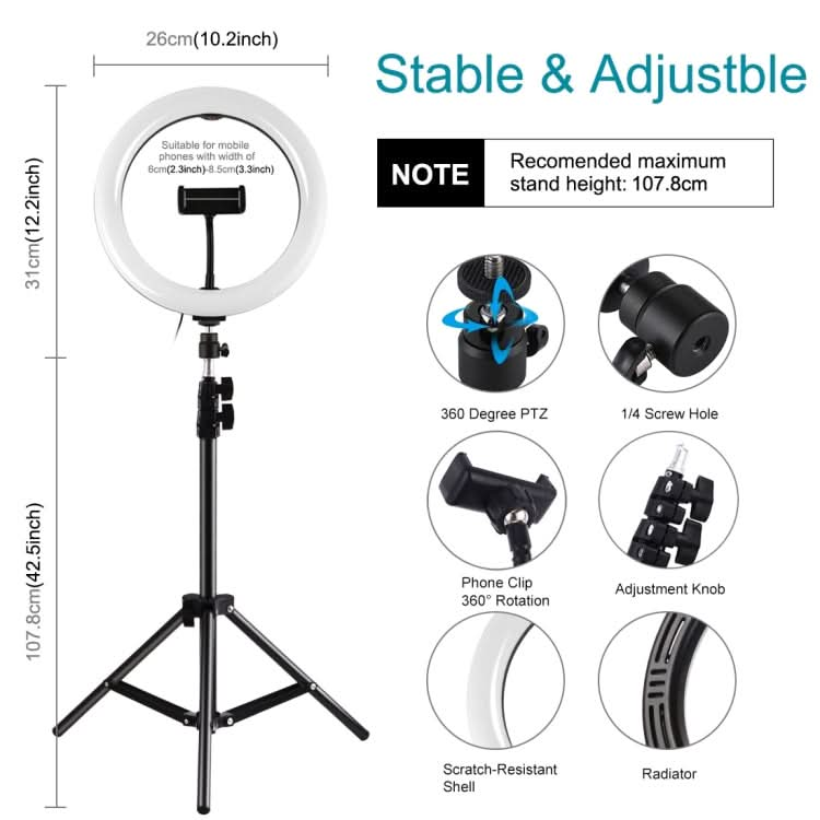 PULUZ 1.1m Tripod Mount + 10.2 inch 26cm RGBW LED Ring Vlogging Video Light  Live Broadcast Kits with Cold Shoe Tripod Ball Head & Phone Clamp My Store