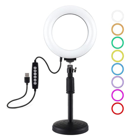 PULUZ 6.2 inch 16cm USB 10 Modes 8 Colors RGBW Dimmable LED Ring Vlogging Photography Video Lights + Round Base Desktop Mount with Cold Shoe Tripod Ball Head My Store