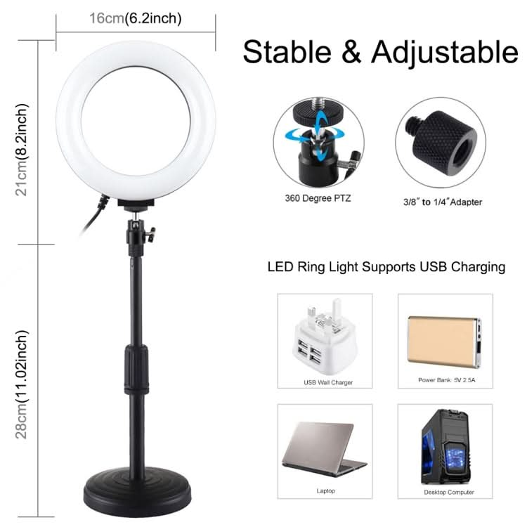 PULUZ 6.2 inch 16cm USB 10 Modes 8 Colors RGBW Dimmable LED Ring Vlogging Photography Video Lights + Round Base Desktop Mount with Cold Shoe Tripod Ball Head My Store