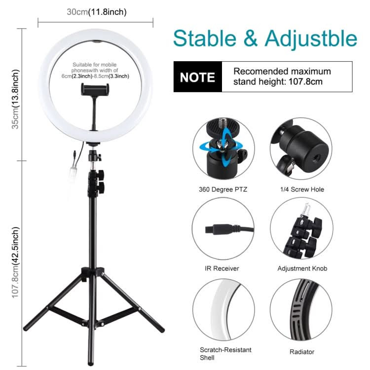 PULUZ 11.8 inch 30cm RGB Light 1.1m Tripod Mount Dimmable LED Ring Vlogging Selfie Photography Video Lights Live Broadcast Kits with Cold Shoe Tripod Ball Head & Phone Clamp My Store