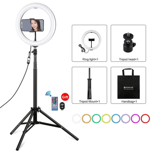 PULUZ 10.2 inch 26cm RGBW Light + 1.65m Tripod Mount Curved Surface USB RGBW Dimmable LED Ring Vlogging Video Light Live Broadcast Kits with Cold Shoe Tripod Ball Head & Phone Clamp & Remote Control My Store