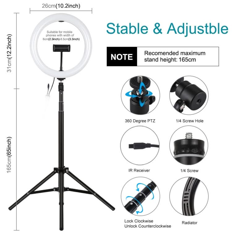 PULUZ 10.2 inch 26cm RGBW Light + 1.65m Tripod Mount Curved Surface USB RGBW Dimmable LED Ring Vlogging Video Light Live Broadcast Kits with Cold Shoe Tripod Ball Head & Phone Clamp & Remote Control My Store