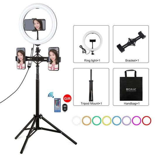 PULUZ 10.2 inch 26cm RGBW Light + 1.65m Tripod Mount + Dual Phone Bracket Curved Surface USB RGBW Dimmable LED Ring Selfie Beauty Vlogging Video Light Live Broadcast Kits with Cold Shoe Tripod Ball Head & Phone Clamp & Remote Control My Store