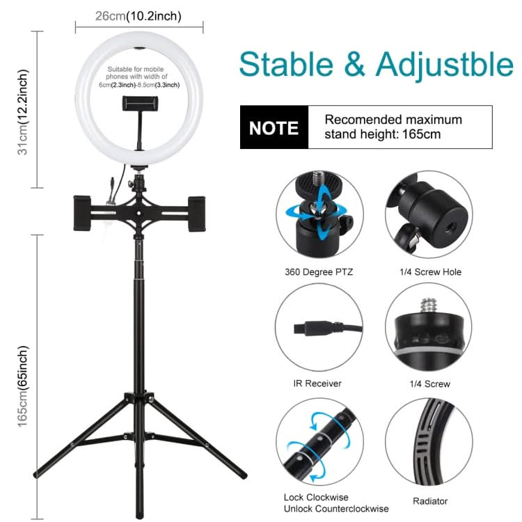 PULUZ 10.2 inch 26cm RGBW Light + 1.65m Tripod Mount + Dual Phone Bracket Curved Surface USB RGBW Dimmable LED Ring Selfie Beauty Vlogging Video Light Live Broadcast Kits with Cold Shoe Tripod Ball Head & Phone Clamp & Remote Control My Store