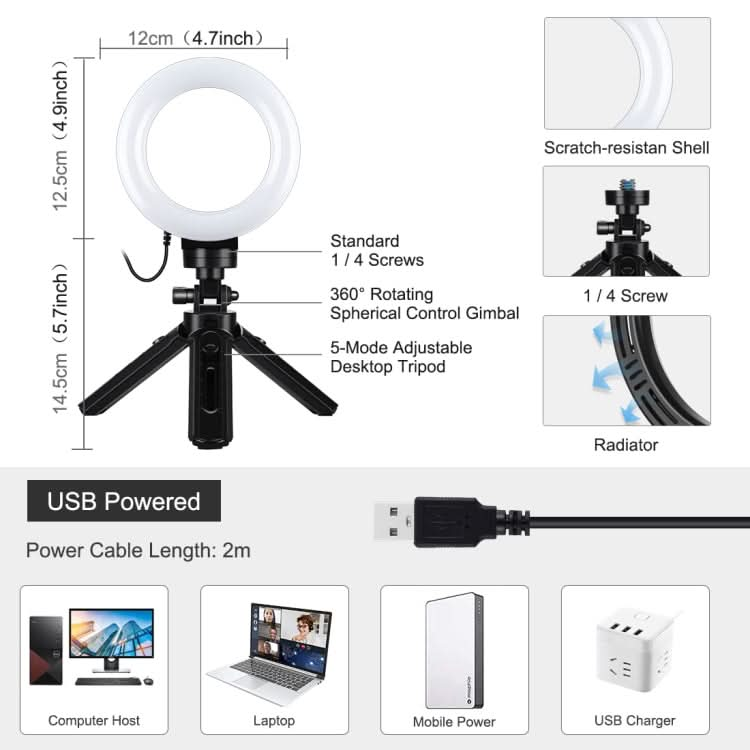 PULUZ 4.7 inch 12cm USB 3 Modes Dimmable LED Ring Vlogging Photography Video Lights + Pocket Tripod Mount Kit with Cold Shoe Tripod Ball Head My Store