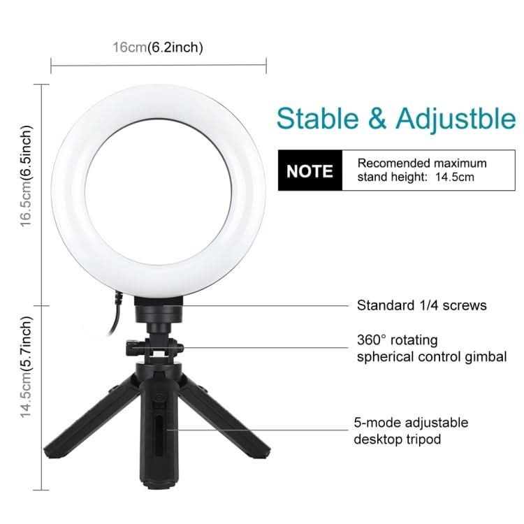 PULUZ 6.2 inch 16cm USB 3 Modes Dimmable LED Ring Vlogging Photography Video Lights + Pocket Tripod Mount Kit with Cold Shoe Tripod Ball Head My Store