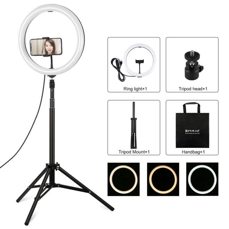 PULUZ 11.8 inch 30cm Light + 1.65m Tripod Mount Curved Surface USB 3 Modes Dimmable Dual Color Temperature LED Ring Vlogging Video Light Live Broadcast Kits with Phone Clamp My Store