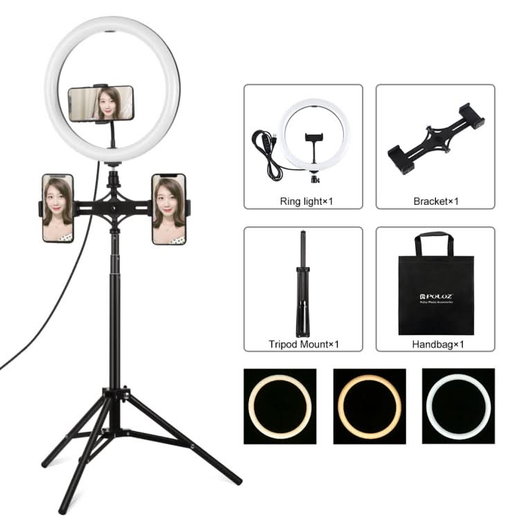 PULUZ 11.8 inch 30cm Light + 1.65m Tripod + Dual Phone Bracket Curved Surface USB 3 Modes Dimmable Dual Color Temperature LED Ring Vlogging Video Light  Live Broadcast Kits with Phone Clamp My Store