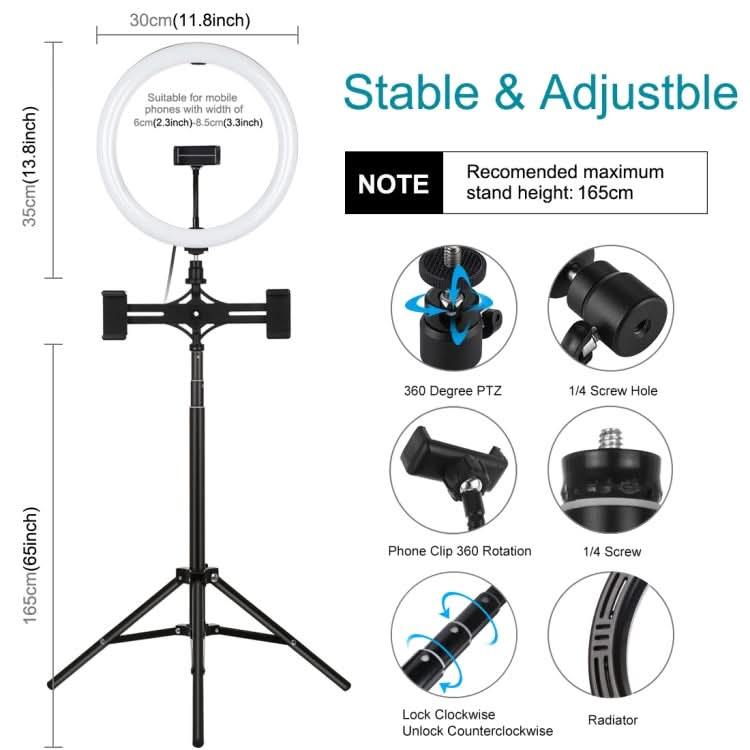 PULUZ 11.8 inch 30cm Light + 1.65m Tripod + Dual Phone Bracket Curved Surface USB 3 Modes Dimmable Dual Color Temperature LED Ring Vlogging Video Light  Live Broadcast Kits with Phone Clamp My Store