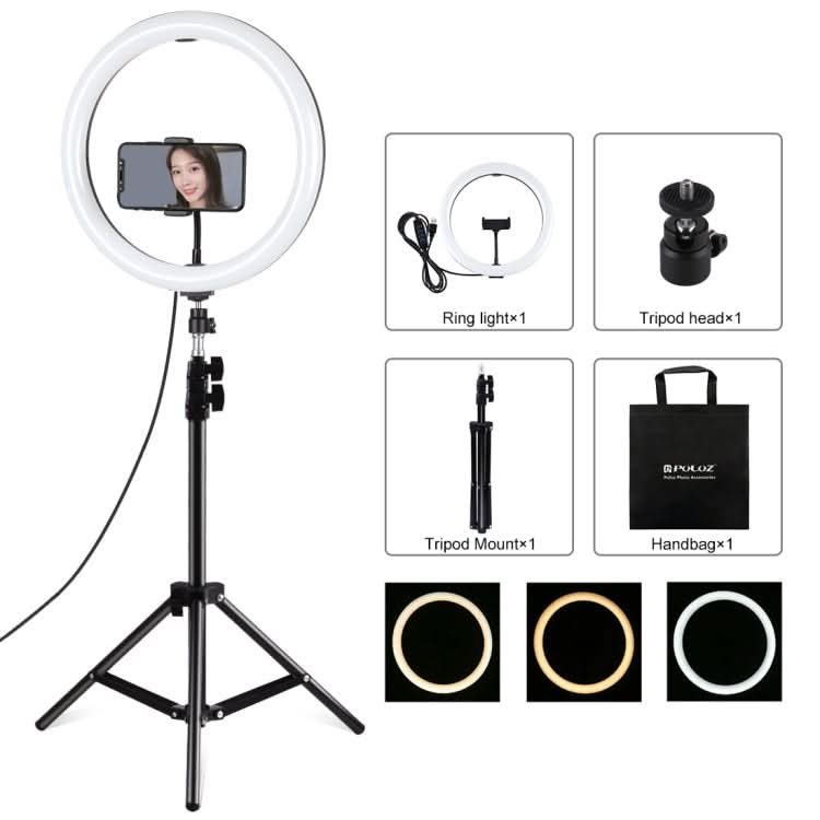 PULUZ 11.8 inch 30cm Light + 1.1m Tripod Mount Curved Surface USB 3 Modes Dimmable Dual Color Temperature LED Ring Vlogging Video Light  Live Broadcast Kits with Phone Clamp My Store