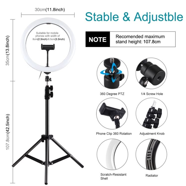 PULUZ 11.8 inch 30cm Light + 1.1m Tripod Mount Curved Surface USB 3 Modes Dimmable Dual Color Temperature LED Ring Vlogging Video Light  Live Broadcast Kits with Phone Clamp My Store