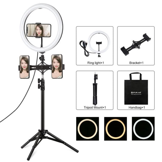 PULUZ 11.8 inch 30cm Light + 1.1m Tripod Mount + Dual Phone Brackets Curved Surface USB 3 Modes Dimmable Dual Color Temperature LED Ring Vlogging Video Light Live Broadcast Kits with Phone Clamp My Store