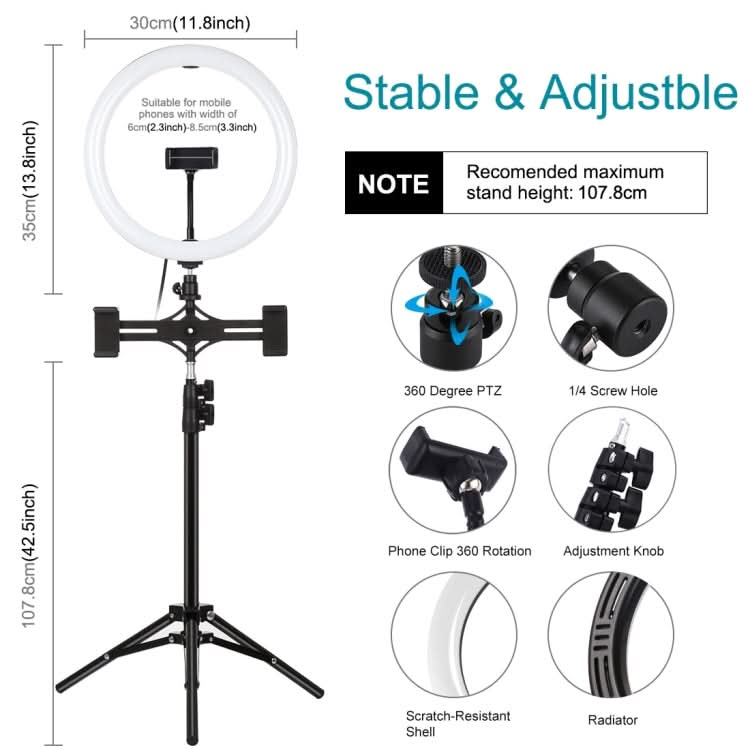 PULUZ 11.8 inch 30cm Light + 1.1m Tripod Mount + Dual Phone Brackets Curved Surface USB 3 Modes Dimmable Dual Color Temperature LED Ring Vlogging Video Light Live Broadcast Kits with Phone Clamp My Store