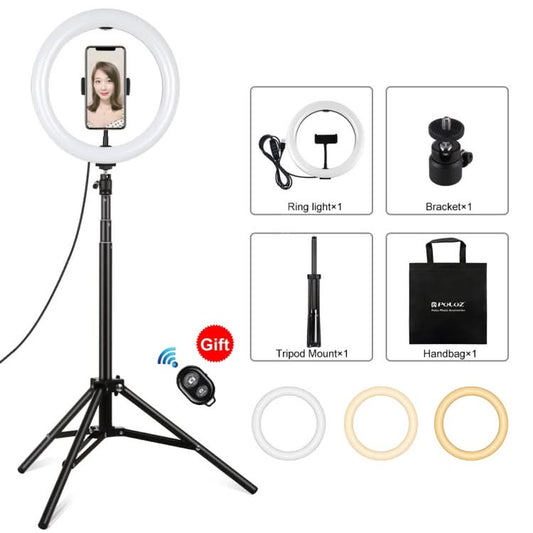 PULUZ 10.2 inch 26cm Light + 1.65m Tripod Mount Curved Surface USB 3 Modes Dimmable Dual Color Temperature Ring Vlogging Video Light Live Broadcast Kits with Phone Clamp & Selfie Remote Control My Store