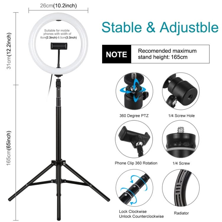 PULUZ 10.2 inch 26cm Light + 1.65m Tripod Mount Curved Surface USB 3 Modes Dimmable Dual Color Temperature Ring Vlogging Video Light Live Broadcast Kits with Phone Clamp & Selfie Remote Control My Store