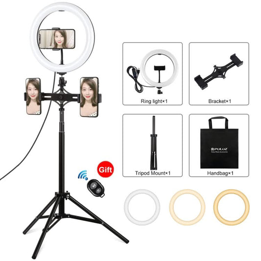 PULUZ 1.65m Tripod Mount + Dual Phone Brackets + 10.2 inch 26cm Curved Surface USB 3 Modes Dimmable Dual Color Temperature Ring Selfie Vlogging Video Light Live Broadcast Kits with Phone Clamp & Selfie Remote Control My Store