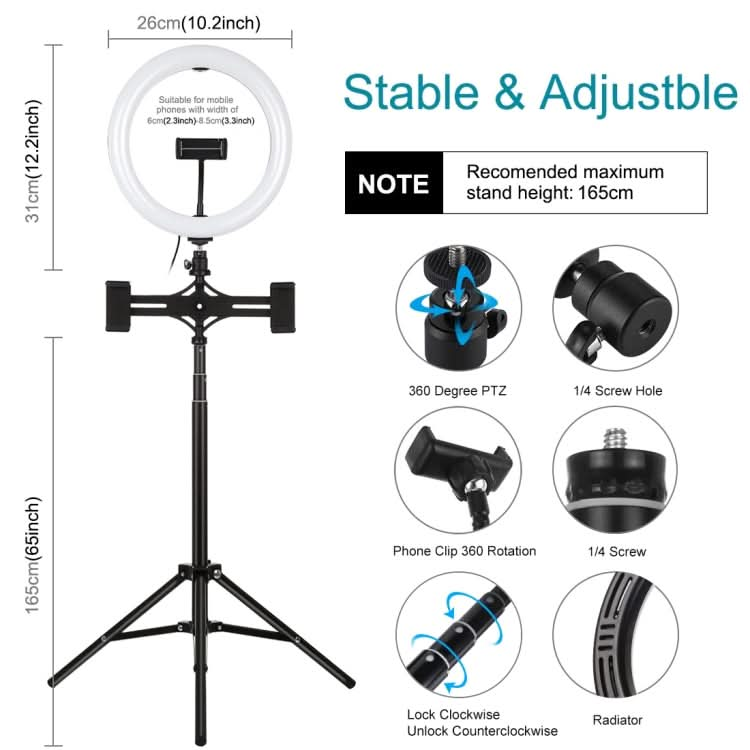 PULUZ 1.65m Tripod Mount + Dual Phone Brackets + 10.2 inch 26cm Curved Surface USB 3 Modes Dimmable Dual Color Temperature Ring Selfie Vlogging Video Light Live Broadcast Kits with Phone Clamp & Selfie Remote Control My Store