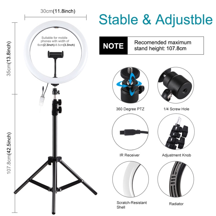 PULUZ 11.8 inch 30cm RGBW Light + 1.1m Tripod Mount Curved Surface Dimmable LED Dual Color Temperature LED Ring Selfie Vlogging Video Light  Live Broadcast Kits with Cold Shoe Tripod Ball Head & Phone Clamp & Remote Control My Store