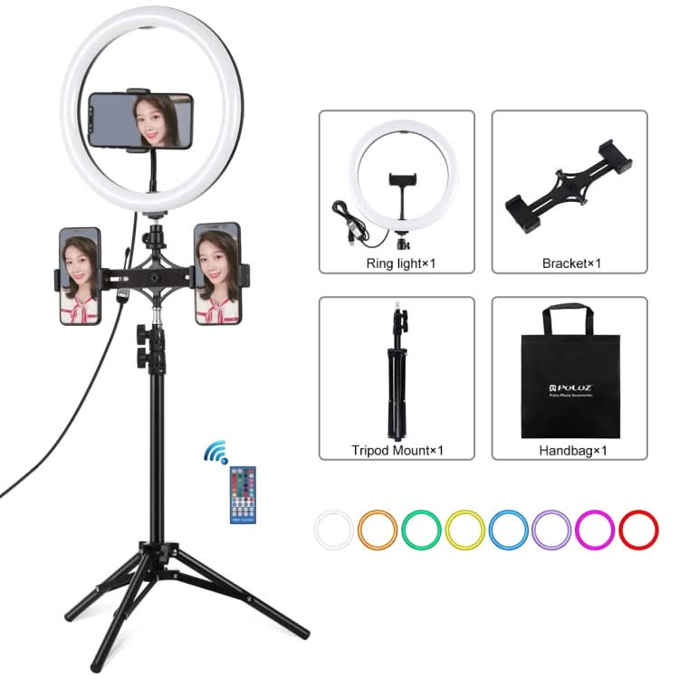 PULUZ 11.8 inch 30cm RGBW Light + 1.1m Tripod Mount + Dual Phone Brackets+ Curved Surface RGB Dimmable LED Dual Color Temperature LED Ring Selfie Vlogging Video Light  Live Broadcast Kits with Cold Shoe Tripod Ball Head & Phone Clamp & Remote Control My Store