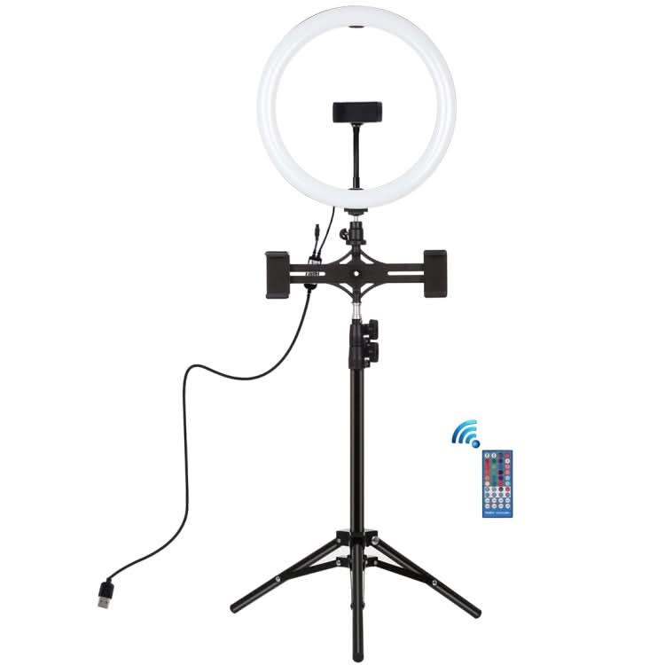 PULUZ 11.8 inch 30cm RGBW Light + 1.1m Tripod Mount + Dual Phone Brackets+ Curved Surface RGB Dimmable LED Dual Color Temperature LED Ring Selfie Vlogging Video Light  Live Broadcast Kits with Cold Shoe Tripod Ball Head & Phone Clamp & Remote Control My Store