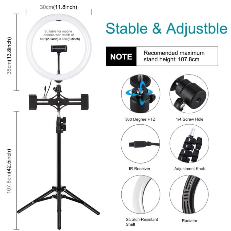 PULUZ 11.8 inch 30cm RGBW Light + 1.1m Tripod Mount + Dual Phone Brackets+ Curved Surface RGB Dimmable LED Dual Color Temperature LED Ring Selfie Vlogging Video Light  Live Broadcast Kits with Cold Shoe Tripod Ball Head & Phone Clamp & Remote Control My Store