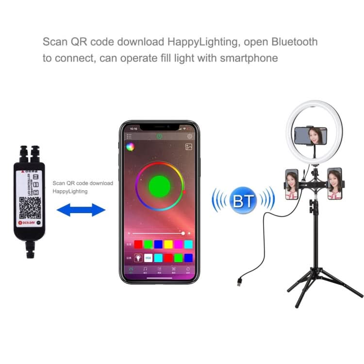 PULUZ 11.8 inch 30cm RGBW Light + 1.1m Tripod Mount + Dual Phone Brackets+ Curved Surface RGB Dimmable LED Dual Color Temperature LED Ring Selfie Vlogging Video Light  Live Broadcast Kits with Cold Shoe Tripod Ball Head & Phone Clamp & Remote Control My Store