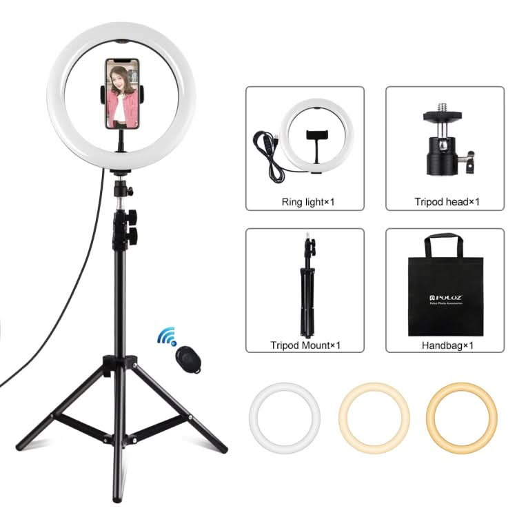 PULUZ 10.2 inch 26cm Ring Light + 1.1m Tripod Mount USB 3 Modes Dimmable Dual Color Temperature LED Curved Diffuse Light Vlogging Selfie Photography Video Lights with Phone Clamp & Selfie Remote Control My Store