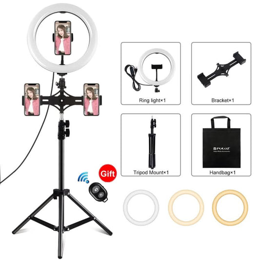 PULUZ 10.2 inch 26cm Light + 1.1m Tripod Mount + Dual Phone Brackets USB 3 Modes Dimmable Dual Color Temperature LED Curved Diffuse Light Ring Vlogging Selfie Photography Video Lights with Phone Clamp & Selfie Remote Control My Store