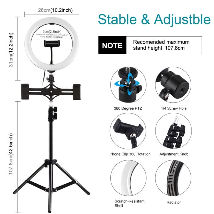 PULUZ 10.2 inch 26cm Light + 1.1m Tripod Mount + Dual Phone Brackets USB 3 Modes Dimmable Dual Color Temperature LED Curved Diffuse Light Ring Vlogging Selfie Photography Video Lights with Phone Clamp & Selfie Remote Control My Store