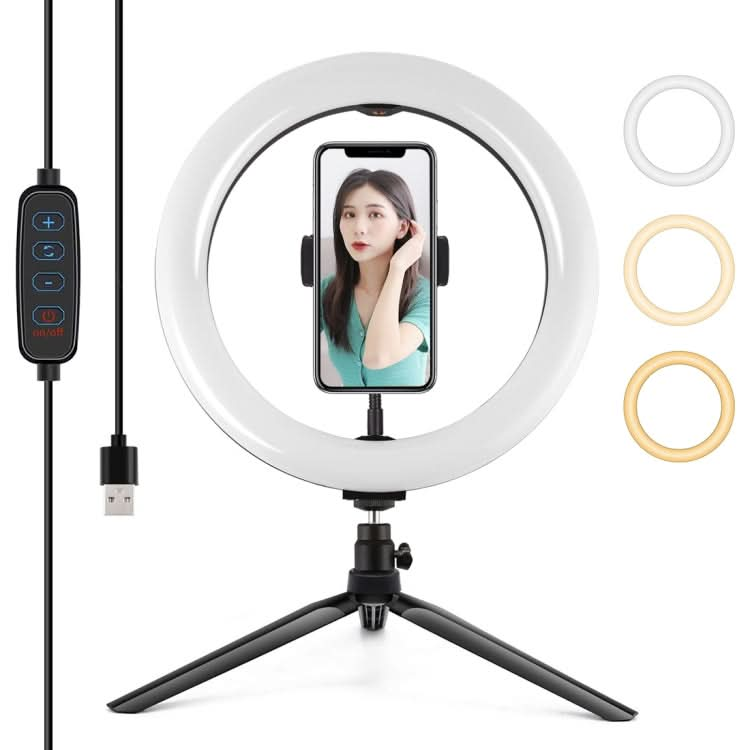 PULUZ 10.2 inch 26cm Selfie Beauty Light + Desktop Tripod Mount USB 3 Modes Dimmable LED Ring Vlogging Selfie Photography Video Lights with Cold Shoe Tripod Ball Head & Phone Clamp My Store