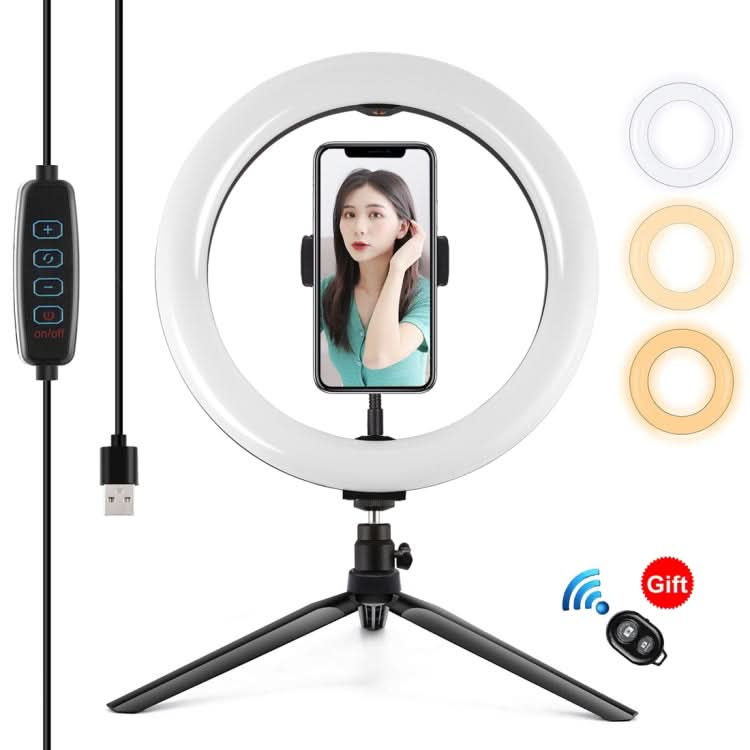 PULUZ 10.2 inch 26cm Light + Desktop Tripod Mount USB 3 Modes Dimmable Dual Color Temperature LED Curved Diffuse Light Ring Vlogging Selfie Photography Video Lights with Phone Clamp My Store