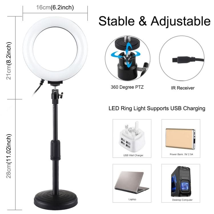 PULUZ 6.2 inch 16cm RGBW Light + Round Base Desktop Holder USB Dimmable LED Ring Vlogging Photography Video Lights with Cold Shoe Tripod Ball Head & Remote Control My Store