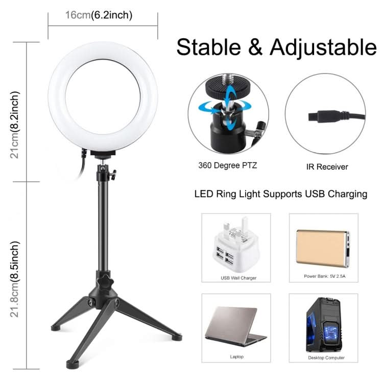 PULUZ 6.2 inch 16cm RGBW Light + Desktop Tripod Mount + USB Dimmable LED Ring Vlogging Photography Video Lights with Cold Shoe Tripod Ball Head & Remote Control My Store