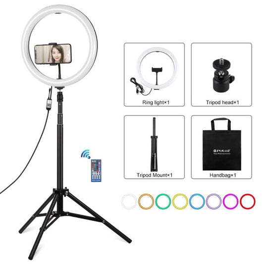 PULUZ 11.8 inch 30cm RGBW Light + 1.65m Mount Curved Surface RGBW Dimmable LED Ring Selfie Vlogging Light  Live Broadcast Kits with Cold Shoe Tripod Adapter & Phone Clamp & Remote Control My Store