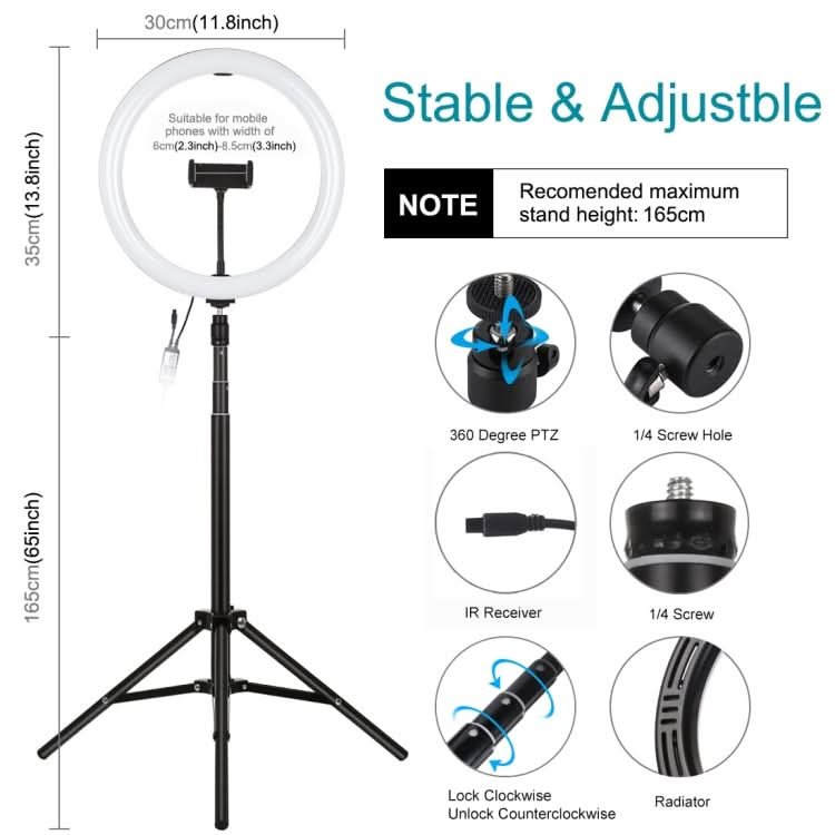 PULUZ 11.8 inch 30cm RGBW Light + 1.65m Mount Curved Surface RGBW Dimmable LED Ring Selfie Vlogging Light  Live Broadcast Kits with Cold Shoe Tripod Adapter & Phone Clamp & Remote Control My Store