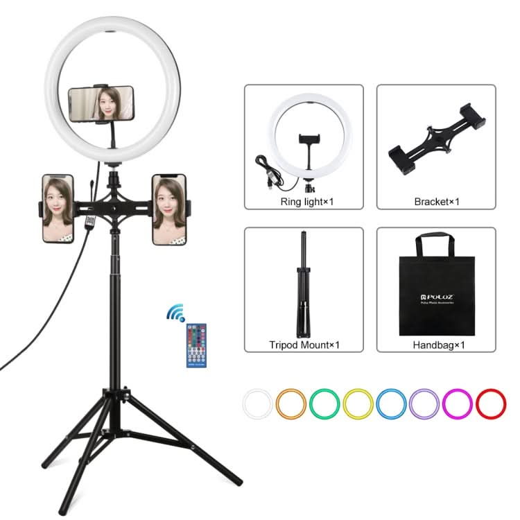 PULUZ 11.8 inch 30cm RGBW Light + 1.65m Mount + Dual Phone Brackets Curved Surface RGBW Dimmable LED Ring Selfie Vlogging Light  Live Broadcast Kits with Cold Shoe Tripod Adapter & Phone Clamp & Remote Control My Store