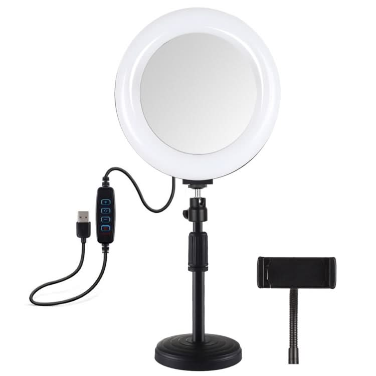 PULUZ 7.9 inch 20cm Mirror Light + Round Base Desktop Mount 3 Modes Dimmable Dual Color Temperature LED Curved Light Ring Vlogging Selfie Photography Video Lights with Phone Clamp My Store