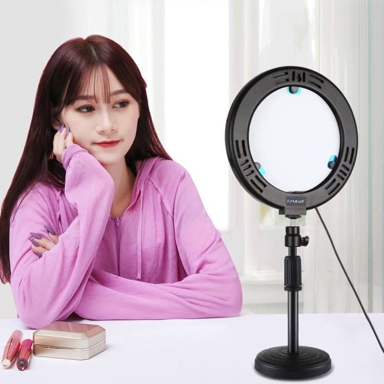 PULUZ 7.9 inch 20cm Mirror Light + Round Base Desktop Mount 3 Modes Dimmable Dual Color Temperature LED Curved Light Ring Vlogging Selfie Photography Video Lights with Phone Clamp My Store