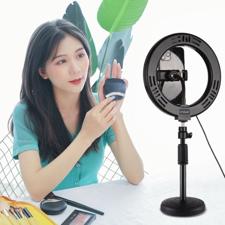 PULUZ 7.9 inch 20cm Mirror Light + Round Base Desktop Mount 3 Modes Dimmable Dual Color Temperature LED Curved Light Ring Vlogging Selfie Photography Video Lights with Phone Clamp My Store