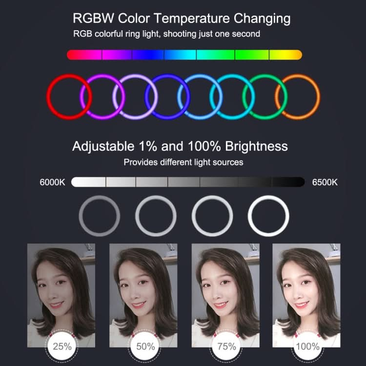 PULUZ 7.9 inch 20cm RGBW Light + Round Base Desktop Mount Dimmable LED Dual Color Temperature LED Curved Light Ring Vlogging Selfie Photography Video Lights with Phone Clamp My Store